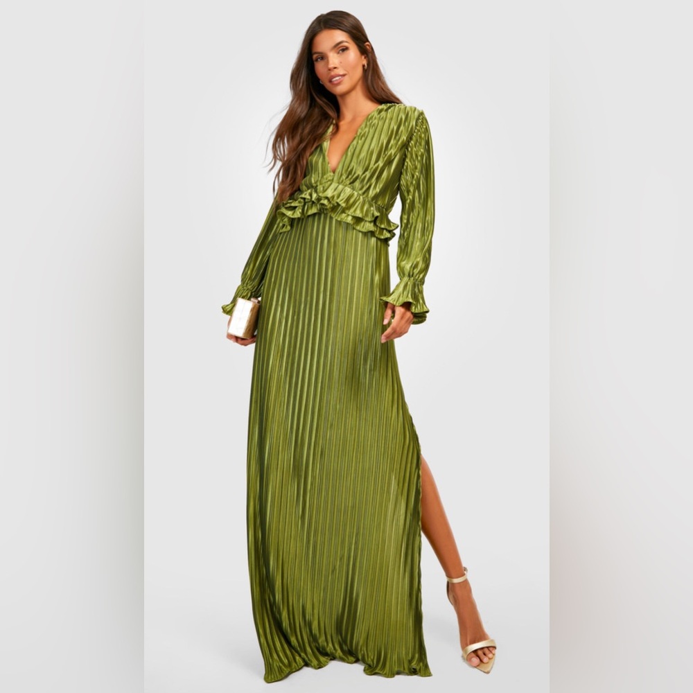 Pleated Plunge Ruffle Detail Maxi Dress